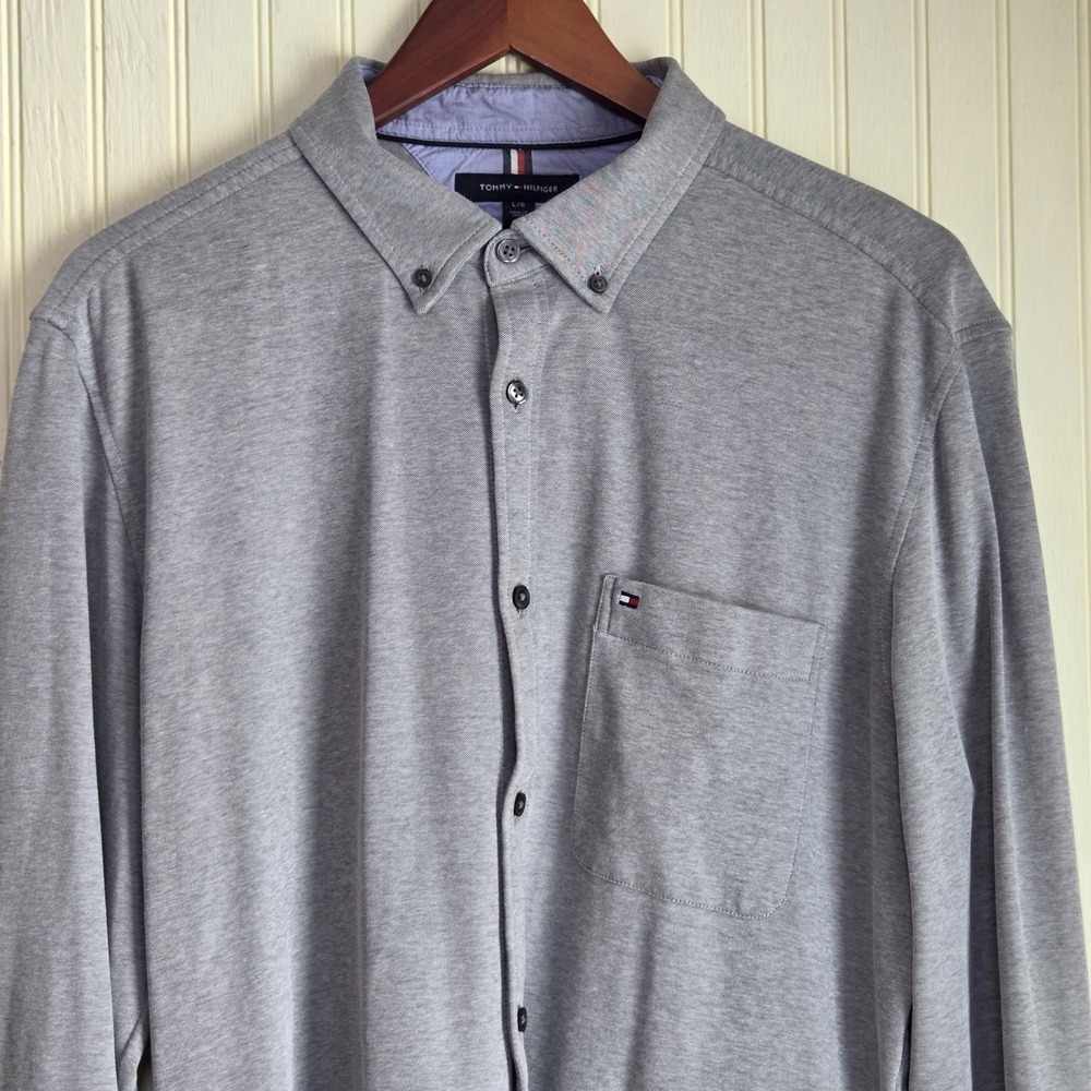Tommy Hilfiger Shirt Mens Large Gray Solid Long Sleeve Button Down Jersey Slim
